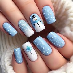 Christmas Nails Very Short, Short Nail Designs Winter Holidays, Blue Snowman Nails, Blue Nails Ideas Simple, Christmas Nails Short Blue, Short Christmas Nails Blue, Snow Nails Winter Blue, Blue Christmas Nails Short, Winter Nails Blue And White