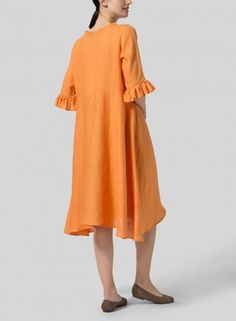 Linen Ruffle Sleeves Long Dress - Plus Size Knee-length Ruffled Dresses With Relaxed Fit, Knee-length Dresses With Ruffles And Relaxed Fit, Relaxed Fit Knee-length Dresses With Ruffles, Relaxed Fit Knee-length Ruffled Dresses, Casual Linen Dress With Ruffle Hem, Casual Linen Dress With Ruffle Hem For Spring, Spring Midi Dress With Ruffles, Relaxed Fit, Relaxed Fit Dress With Ruffle Hem For Daywear, Spring Midi Dress With Ruffles And Relaxed Fit