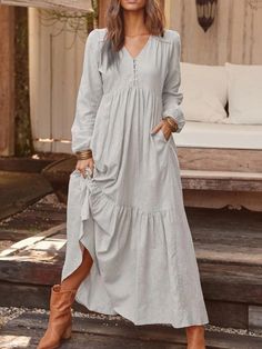 Olivia Mark - Vintage Casual Long Sleeve Dress with Button Detail and Flared Hem in Cotton Linen Blend Dress With Buttons, Flowy Design, Grey Maxi Dress, Long Sleeve Casual Dress, Crewneck Dress, Sleeve Maxi Dress, Vintage Casual, Long Sleeve Maxi, Loose Dress