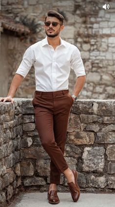 Brown Pants Outfit Men, Brown Pants Outfit, Outfit Male, Mens Fashion Suits Casual, Mens Smart Casual Outfits, Mens Business Casual Outfits, Shirt Outfit Men, Pants Outfit Men, Formal Men Outfit