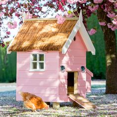 a small pink house with a chicken in it's yard next to a tree