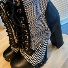 Aldo Plaid Combat Boots Ultra High Heel 4' , 1 Inch Platform Lace Up Closure And Side Zip Worn Them Once, Without Box - Size: Women 7 1/2 Condition: Pre-Owned But They Look Like Brand New. One Little Scratch On The Left Boot (Please See Picture 3) Closed Round Toe, Lug Sole, Laces Closure Trendy High-top Heeled Boots With Reinforced Heel, Trendy High-top Heels For Fall, Trendy Synthetic Ankle Boot Booties, Fall Ankle-high Heels With Rubber Heel Cap, Ankle-high Heels With Rubber Heel Cap For Fall, Trendy Synthetic Ankle Booties, Trendy High-top Booties Medium Width, Trendy High Ankle Booties With Reinforced Heel, Trendy Lace-up Booties Medium Width