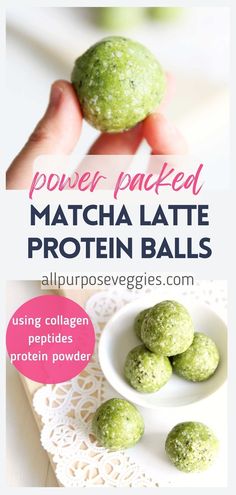 green powdered matcha latte protein balls in a white bowl with text overlay