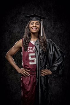 a woman in a graduation cap and gown posing for a photo with her hands on her hips