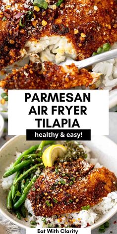 parmesan air fryer in a bowl with rice and asparagus