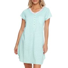 Pullover Style With Partial Akoya Shell Button Closure Front Allover Print, Lace Trim At Neck Imported 100% Cotton Machine Wash Style #C5325040 A4p-833 Blue Nightgown For Loungewear, Casual Nightgown With Lace Trim For Bedtime, Light Blue Short-sleeve Sleepwear, Light Blue Short Sleeve Sleepwear For Loungewear, Light Blue Short Sleeve Sleepwear For Lounging, Blue Nightgown For Spring, Light Blue Cotton Nightgown For Loungewear, Blue Spring Nightgown For Overnight, Casual Blue Lace-trim Sleepwear