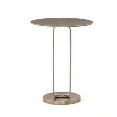 a round metal table with an iron stand on the bottom and two legs, against a white background