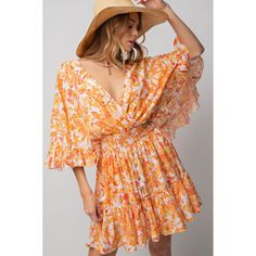 Sunday Best Floral Print Romper Dress in Orange You'll be feelin' good in our Sunday Best Dress! It's the perfect spring dress! Wear it on Mother's Day, a Spring baby shower, or a Sunday brunch with your girls. We are loving the bright florals and the fit is just fab! Also available in Peri Blue!  Item Deets:  V neck Wing sleeves Ruched and ruffle throughout Button down at the skirt Shorts underneath for extra coverage Smocked and elasticized waistband Tie detail at the back Small measurements : Flowy Orange Mini Dress For Spring, Orange Printed Spring Dress, Spring Orange Printed Dresses, Spring Beach Dress In Orange, Orange Sundress For Spring And Summer, Spring Vacation Dress, Orange Spring Vacation Dress, Orange Spring Summer Dress, Breezy Spring Floral Dress For Vacation