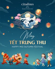 the chinese new year's greeting card with an image of people holding hands and flying lanterns