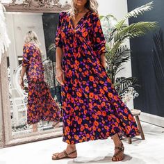 Fashion Vintage Printed V-neck Long Sleeve Loose Vacation Dress Casual Printed V-neck Midi Dress, Summer V-neck Dress With Notched Neckline For Date Night, Printed V-neck Dress For Date Night, Casual Printed V-neck Maxi Dress, Casual V-neck Maxi Dress For Date Night, Long Sleeve V-neck Dress For Summer Date Night, Printed V-neck Dress For Day Out, Printed V-neck Maxi Dress For Date Night, Printed V-neck Maxi Dress For Day Out