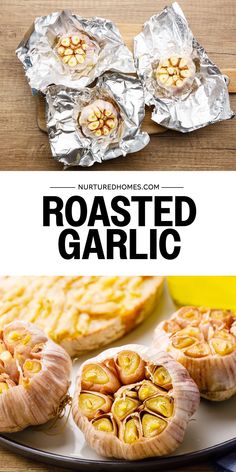 roasted garlic on a plate with text overlay