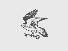 a bird flying with a key in it's beak