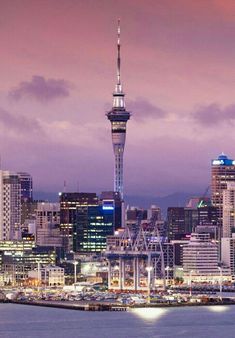 the city skyline is lit up at night, with tall buildings in the foreground