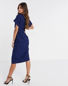 Closet London wrap tie midi dress in navy | ASOS Chic V-neck Midi Dress With Tie Fastening, V-neck Belted Midi Dress For Office, V-neck Belted Dress For Work, V-neck Belted Dress For Office, Formal Navy V-neck Midi Dress, Belted V-neck Wrap Dress For Date Night, Chic Belted Knee-length V-neck Dress, Chic Knee-length Belted V-neck Dress, Belted Midi Dress For Date Night