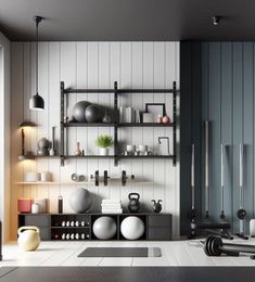 a kitchen with white counter tops and black shelves filled with pots, kettles and other items