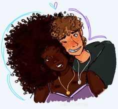 a drawing of a woman with curly hair hugging another woman's head and smiling