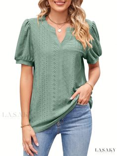 Lasaky - Chic Hollow V-Neck T-Shirt: Stylish Loose Puff Short Sleeve Summer Top for Women Casual Puff Sleeve Tops In Solid Color, Casual Puff Sleeve Solid Color Tops, Casual Green Puff Sleeve Tops, Casual Solid Puff Sleeve Top, Casual Short Sleeve Puff Top, Spring Puff Sleeve T-shirt, Top For Women, Fabric Medium, Chest Pad