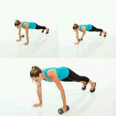 a woman is doing push ups with dumbbells on one side and the other