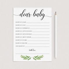 a printable dear baby game with greenery on it and a pencil next to it