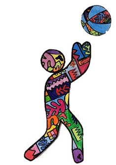 a drawing of a person throwing a ball in the air with colorful designs on it