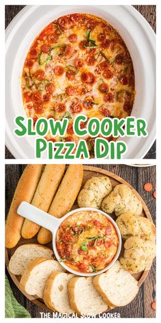 two pictures with the words slow cooker pizza dip on them and bread in front