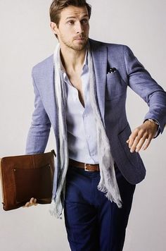 Shop this look for $375: http://lookastic.com/men/looks/pocket-square-and-belt-and-scarf-and-longsleeve-shirt-and-blazer-and-dress-pants/1504 — Black Polka Dot Pocket Square — Brown Leather Belt — Grey Scarf — White Longsleeve Shirt — Light Blue Blazer — Navy Dress Pants Light Blue Blazer, Formal Men Outfit, Navy Dress Pants, Blue Long Sleeve Shirt, Traje Casual, Dress Shirt Sleeves