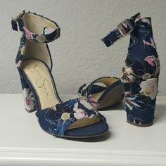 Nwob Adorable Ankle Straps With A 3 1/4" Block Heel. Adjustable Buckle. Memory Foam Midsoul. Frayed Floral Look Material Looks Adorable Under Jeans. Never Worn. Casual Fitted Sandals With 4-inch Heel, Casual Fabric Heels With Ankle Strap, Casual Ankle Strap Heels Medium Width, Fabric Heels With Wrapped Heel And Ankle Strap, Blue Fabric Open Toe Sandals, Blue Ankle-high Heels For Summer, Blue Fabric Sandals With Round Toe, Blue Fabric Round Toe Sandals, Blue Fabric Sandals For Spring