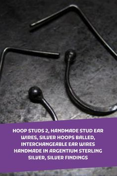 there is a pair of headphones on the floor with text overlay that reads, hoop studs 2 handmade stud ear wires, silver hoops ball, interchangeable ears,