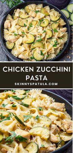 chicken zucchini pasta with zucchini and spinach in a skillet