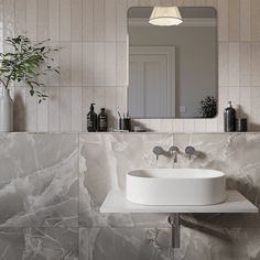 a white sink sitting under a bathroom mirror next to a vase with a plant in it