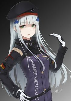 an anime character with long white hair and green eyes, wearing a black uniform while holding her hand up