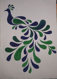 a painting of a peacock with blue and green feathers on it's back side