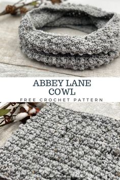 a crochet pattern for a cowl with text overlay