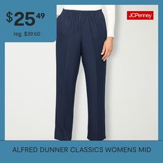 Alfred Dunner is known for their modern tailoring and style, and this pair of women's pants stay true to the brand's heritage. Made from a soft woven fabric in a relaxed-fit with straight legs, they have a comfortable elastic-waistband, a pleated front, and side pockets. Wear with a button-down or t-shirt and flat shoes.Front Style: Flat FrontFeatures: EssentialsClosure Type: Full ElasticFit: Relaxed FitPockets: 2 Side Slip PocketsRise: Mid RiseFiber Content: 100% PolyesterFabric Description: W… Classic Bottoms For Daywear, Classic Long Pants For Daywear, Classic Pull-on Tapered Leg Dress Pants, Classic Daywear Bottoms With Pockets, Classic Pull-on Ankle-length Pants, Classic Ankle-length Pull-on Pants, Classic Daywear Pants In Solid Color, Classic Flat Front Bottoms, Modern Tailoring