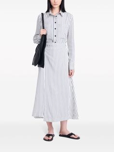 Striped Skirt For Spring Daywear, Elegant Striped Midi Skirt, Chic Pinstripe Skirt For Spring, Spring Striped Long Skirt, Striped Long Skirt For Spring, Spring Long Striped Skirt, Spring Workwear Midi Dress With Long Skirt, White Lined Midi Dress, Chic Pinstripe Skirt For Work