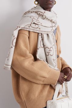 Warm Scarf Outfit, Luxury Scarf, Designer Scarf, Luxury Gucci Scarves For Fall, Gucci Scarf Outfit, Louis Vuitton Scarf Outfit, Gucci Designer Winter Scarves, Luxury Beige Winter Scarves, Gucci Luxury Winter Scarf