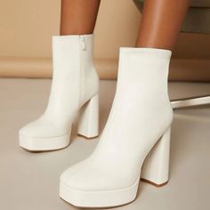 White Platform Booties -9 Brand New! Comfortable Heel Square Toe With Side Zipper White Winter Shoes, White High Heel Platform Boots With Zipper, White Platform Ankle Boots With Zipper, White Ankle Platform Boots With Zipper, White Ankle Platform Boots With Zipper Closure, White Platform Boots With Zipper Closure For Spring, White Heels With Padded Ankle For Fall, White Boots With Zipper Closure For Spring, White Casual Boots With Zipper Closure