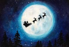 a painting of santa riding in his sleigh through the night sky with reindeers