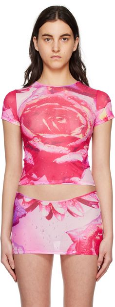 Deadstock semi-sheer stretch recycled polyester mesh T-shirt. · Graphic pattern printed throughout · Crewneck Supplier color: Dewy Rose Swim Suit Cover, Mesh T Shirt, Sheer Skirt, Mesh Skirt, Pink Skirt, Pink Mini, Swimsuit Cover, Mean Girls, Dream Clothes