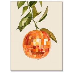 an orange hanging from a tree branch with leaves on it's branches, in front of a white background