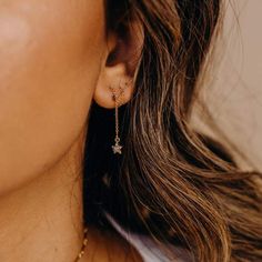 Our Cece Star Threaders are dainty chain thread earrings, perfect for the wanderers, the stargazers, and the dream chasers. Made with high-quality 14k gold fill chain, they're great for sensitive ears. #goldearrings #daintyearrings #minimalsistjewelry #starearrings #giftsforher #wanderandlustjewelry Dream Chasers, Emerald Cut Halo, Gold Star Earrings, Ear Threader, Threader Earrings Gold, Celestial Earrings, Emerald Earrings Studs, Thread Earrings, Halo Earrings