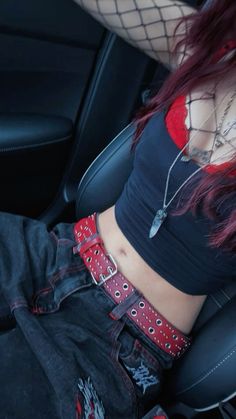 Red And Black Pants Outfit, Style A Red Top, Dark Red Y2k Outfit, Alternative Bar Outfits, Outfit Ideas With Red Hair, Red Hair Black Outfit, Red Tomboy Outfits, Slightly Goth Outfits, Grunge Outfits Red And Black