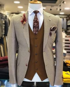 Men Suit Brown Houndstooth Tweed Check Notch Lapel Prom Tuxedo Wedding Suits | eBay Dapper Suits Men Wedding, Men Suit Combinations Ideas, Checks Suits For Men, Suit Combinations Men Color Combos, Checked Blazer Outfit Men, Wedding Suit Unique, Mens Wedding Fashion, Check Suits For Men