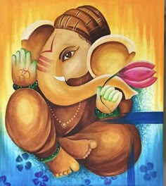 a painting of an elephant holding a flower