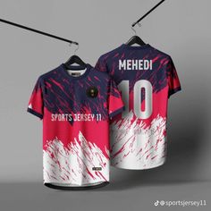 two soccer jerseys hanging on clothes pins with the name mehedi printed on them