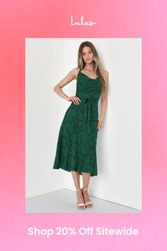 Win everyone over with a gorgeous look like the Lulus Graceful Charm Emerald Burnout Floral Jacquard Halter Midi Dress! Airy burnout jacquard, with a floral motif throughout, shapes this darling dress with a tying halter neckline that supports a draping cowl-front bodice. The A-line silhouette boasts a tying sash belt before falling to a chic midi hem. Hidden side zipper/clasp. Fit: This garment fits true to size. Length: Mid-calf length. Size medium measures 44" from top to bottom. Bust: Great for any cup size. Waist: Loosely Fitted. Hip: Loosely Fitted. Undergarments: May be worn with a strapless bra, adhesive bra, petals, or no bra. Fabric: Fabric has no stretch. Lined. Shell: 100% Polyester. Lining: 100% Polyester. Hand Wash Cold. Do Not Bleach. Line Dry. Iron Low Heat. Imported. Lulus Floral Print Jacquard Midi Dress, Midi Length Jacquard Dress With Floral Print, Spring Jacquard Midi Dress With Floral Print, Sleeveless Jacquard Floral Print Dress, Midi Dress Green, Lulu Fashion, Cowl Neck Dress, Halter Midi Dress, Adhesive Bra