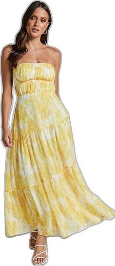 Tiered Dress, Yellow Floral, Body Measurements, Fit & Flare, Fabric Material, Midi Length, Fit And Flare, Strapless Dress, Polyester Fabric