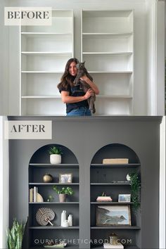 a woman holding a cat in her arms before and after she painted the bookshelves