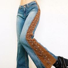 Lace Up Jeans 2000s, Lace Up Flare Jeans, Lace Up Jeans, Denim Diy, Upcycled Fashion, Jeans Diy, Low Waisted