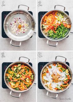 four pictures showing how to cook vegetables in a wok